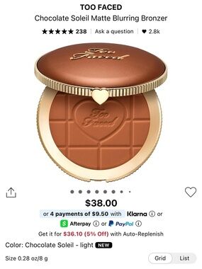 Too Faced Chocolate Soleil Matte Blurring Bronzer, Shade Soleil